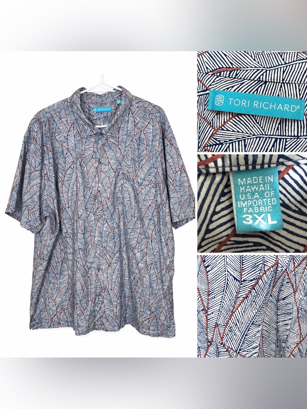 Tori Richard Size 3XL Short Sleeve Shirt Cotton Lawn Blue Red Palm Leave Print
